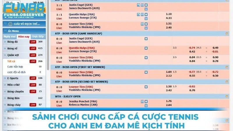 Sảnh chơi cung cấp cá cược tennis cho anh em đam mê sự kịch tính